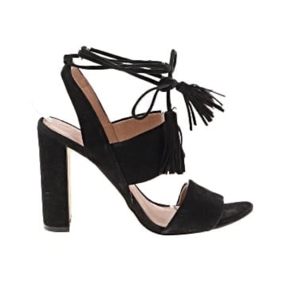 Madewell Octavia Black Leather Tassel Lace-Up Block Heels